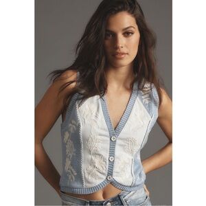 Anthropologie Blue and White Embroidered Vest